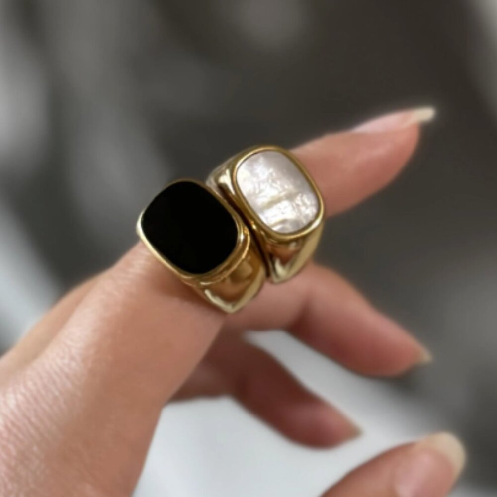 Chunky Black Enamel and Gold Signet Ring